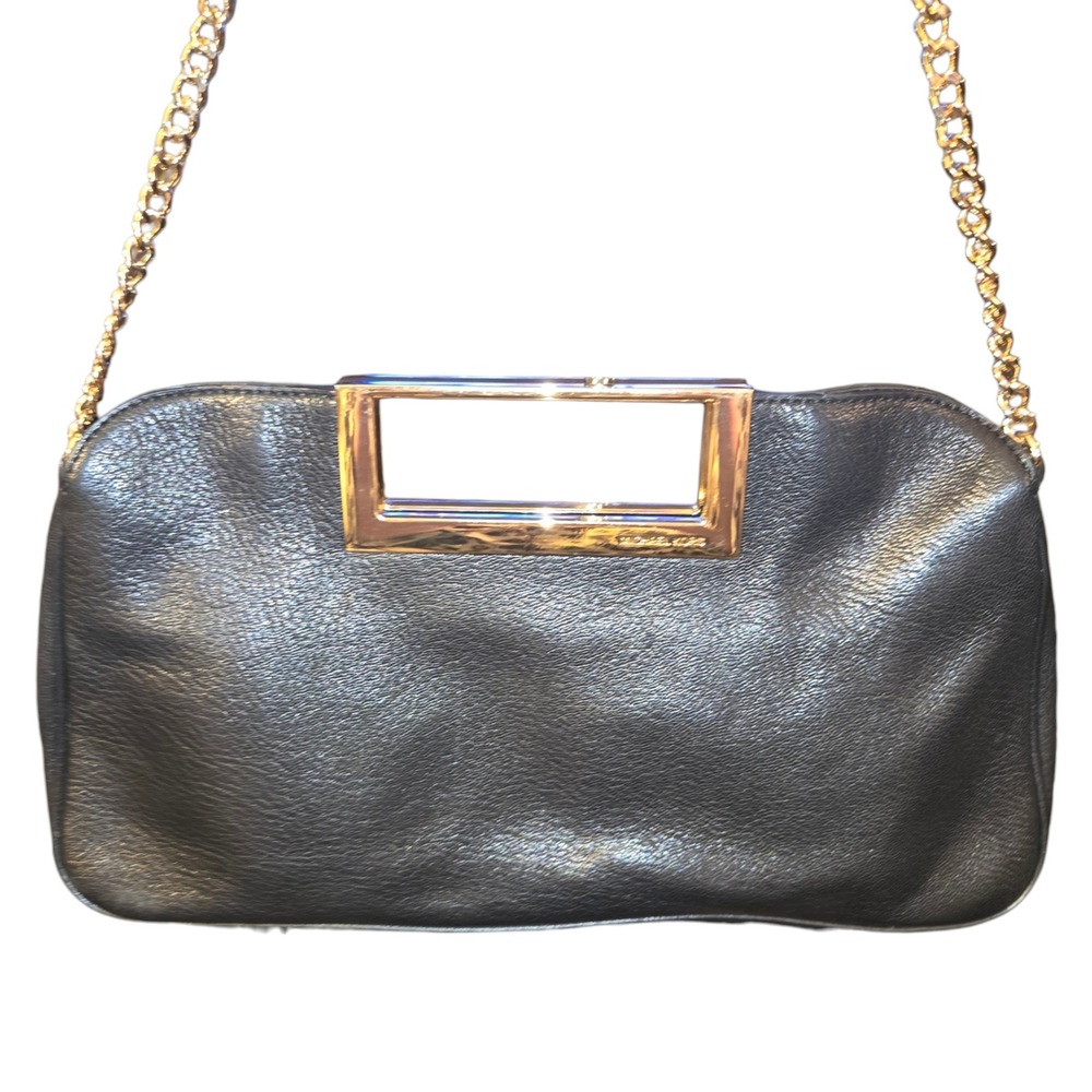 Michael Kors Berkley Clutch Women Black Leather Gold Chain Strap Bag 11"X7"X1.5" - Picture 4 of 11
